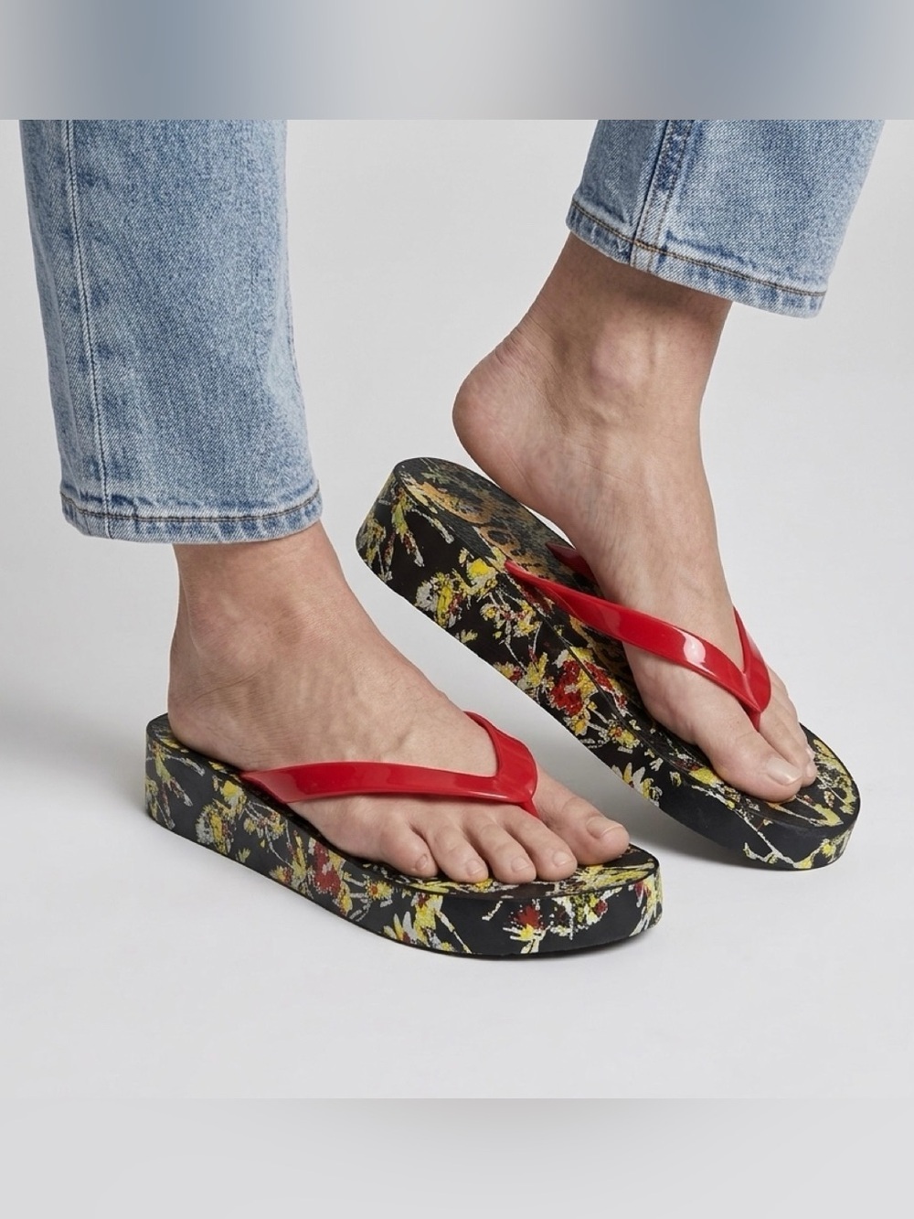 Sam Edelman Kylee Floral Footbed Red Strap Platform Thong Sandals Flip Flops